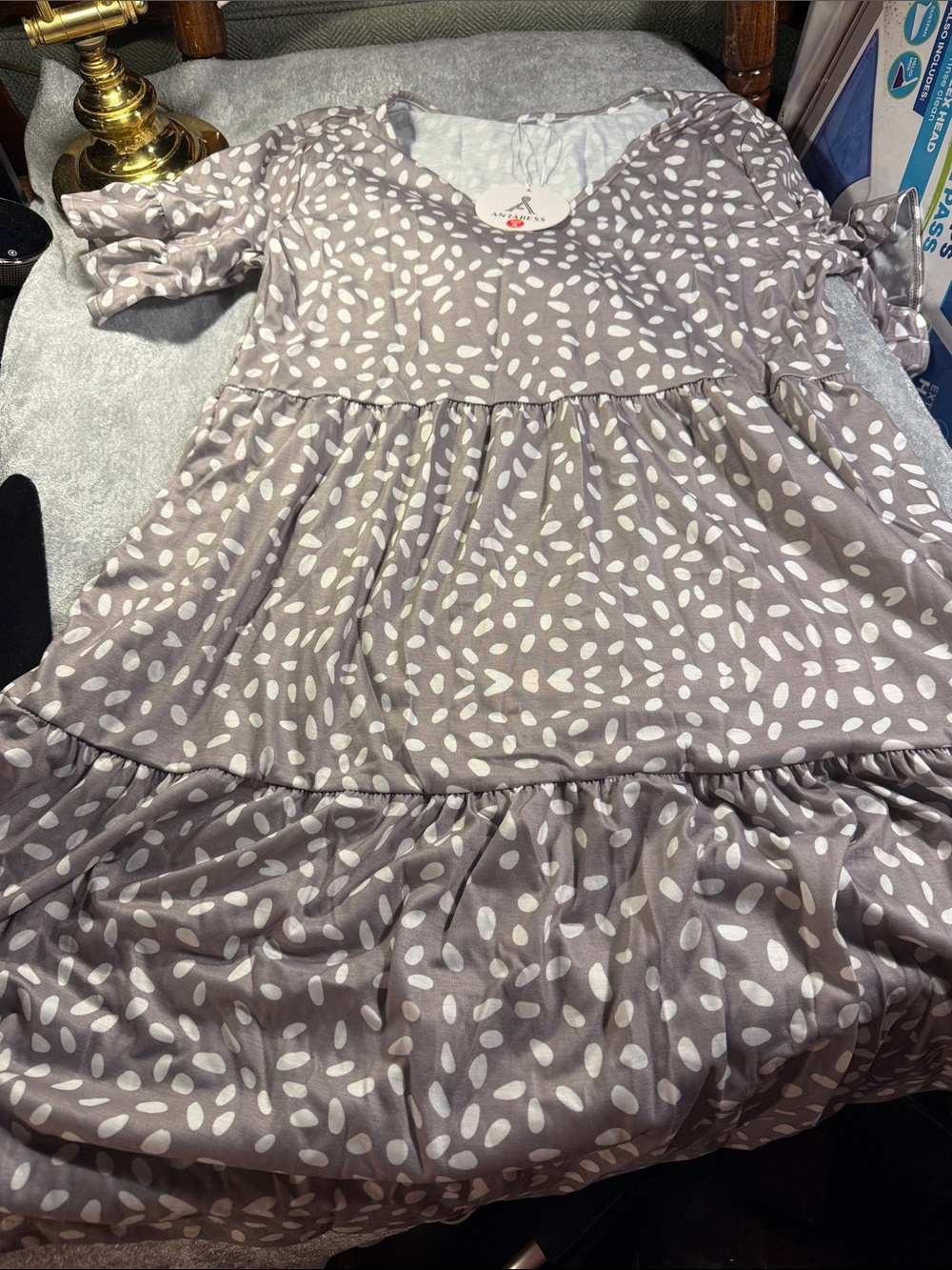 Women's Taupe Dot Tiered Midi Dress with Tie Sleeves